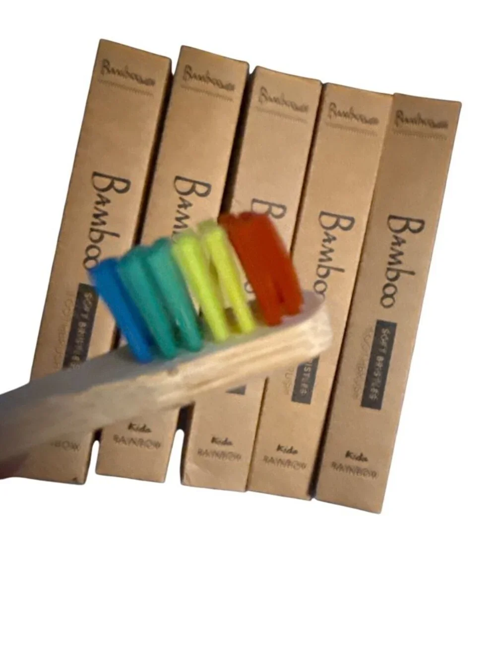 Bamboo Kids Soft Bristle Toothbrushes Eco-Friendly Rainbow Green & Blue Colors 1